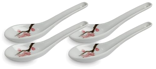 Grey Series ASIATICA-Sakura | Porzellan-Löffel-Set Asien | 14,5 cm - Reis-Löffel - Suppen-Löffel, Servier-Löffel, Dessert-Löffel - Spoon-Set Ramen - Kirschblüte (4er Set grey)