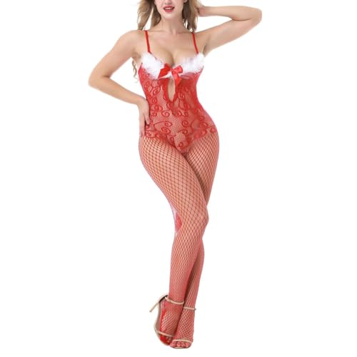 ROSVAJFY Damen Weihnachten Dessous Set Christmas Nachthemd mit Kapuze, Sexy Weihnachten Reizwäsche Durchsichtig Kimono Hüftgurt, Santa Body Spitze Negligee Babydoll Cosplay (Bodystocking)