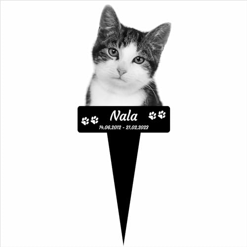 INDIGOS UG - Grabstecker für Haustier - Katze - 20 cm - wetterfester Gedenkpfahl - personalisiert mit Foto und Text - individuell mit Wunschtext und Datum