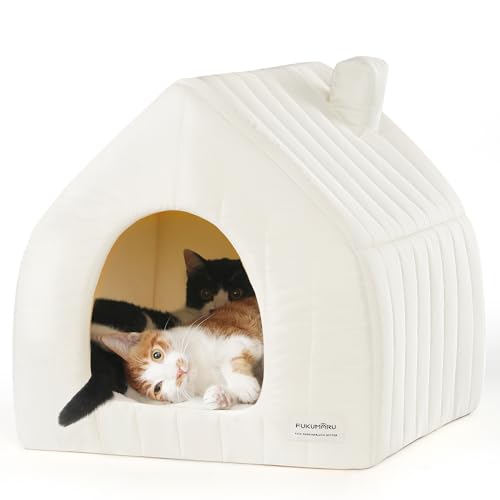 FUKUMARU Katzenbett große Katzen Katzenhöhle-43x43x45cm,Katzenhaus Indoor Mit abnehmbarem Katzenkissen,Haus Modellierung Stil, Katzen Bettchen waschbar, Weiß