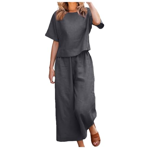 EMATOP Leinen Outfits Damen Leicht Baumwolle Hosenanzug 2 Teiler Bluse Tshirt und Lange Hosen Freizeitanzug Casual Einfarbig Jogginganzug Leicht Atmungsaktiv Sportanzug Lose Elegant Tracksuit