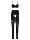 YiZYiF Damen Lack Leder Latex Dessous Ouvert Leggings Wetlook BH Lederhose Set Lack Und Leder Sexy Frauen Kostüm Crotchless Lingerie A_Schwarz 4XL