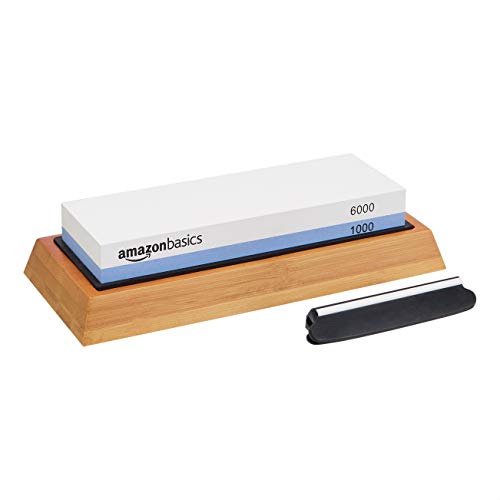 Amazon Basics Messerschärfstein, doppelseitig, Körnung 1000/6000, mit rutschfester Bambusunterseite, Schwarz, Blau und Weiß, 21,34 x 9,14 x 4,57 cm