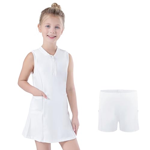 Bezioner Tenniskleid Mädchen mit Hose Golfkleid Reißverschluss Tennis Outfit mit 4 Taschen Sportkleid Ärmellos Skaterkleid Weiß 130 (7-8 Jahre,120-130 cm)