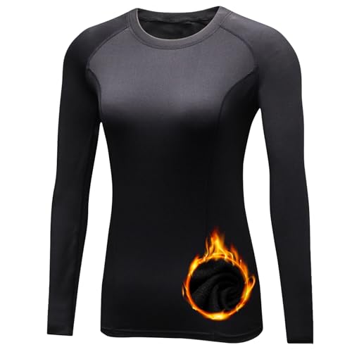 TERODACO Thermounterwäsche Damen Extra Warm Daumenlöcher Thermo Skiunterwäsche Damen Oberteile Innenfleece Weich Frauen Ski Unterwäsche Gym Sport Wandern Funktionsunterwäsche 5021 Schwarz M