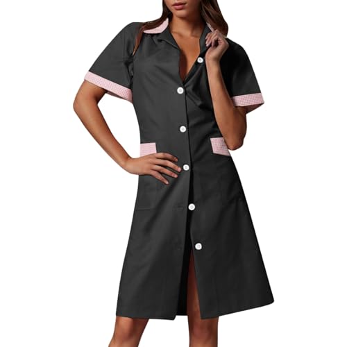 DUHENWU Damen Krankenschwester Kleid Kurzarm Knielang Pflege Arbeitskleid Lang Einfarbig Hemdkleid Elegant V-Ausschnitt Uniformkleid Mit Taschen Arbeitskleidung Sommer Damenkleider