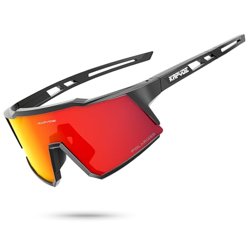 KAPVOE Polarisiert Fahrradbrille Uv400 Schutz TR90 Rahmen Sportsonnenbrille Sportbrille für Herren Damen Sport Radfahren MTB Radbrille Fahren Baseball Radsport Laufen Rot Schwarz 01