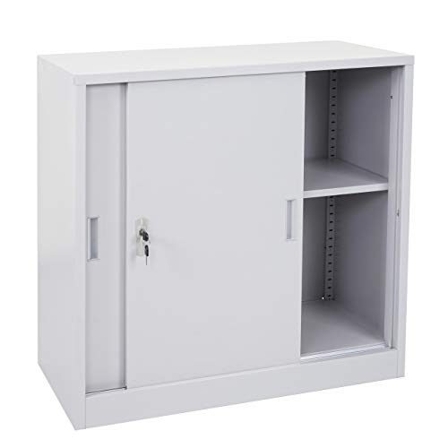 Mendler Aktenschrank Boston HWC-F41, Stahlschrank Büroschrank, mit abschließbaren Schiebetüren 90x90x45cm - grau