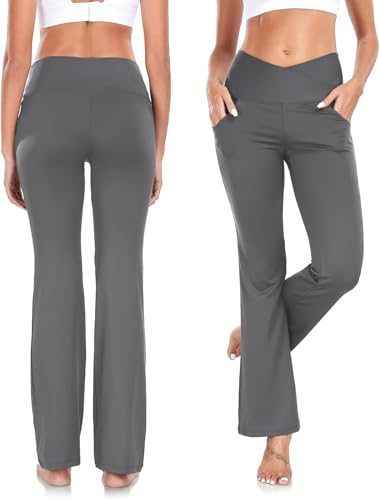 Yogahose Damen mit Taschen Blickdicht Cross V-Taille Bootcut Jogginghose Schlaghose Fitnesshose Fitnes Dunkelgrau S