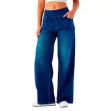 Damen Jeans Stretch Wide Leg Weites Bein Bequeme Hose Weites Bein Jeanshosen Mit 4 Taschen(Dark Blue,L)