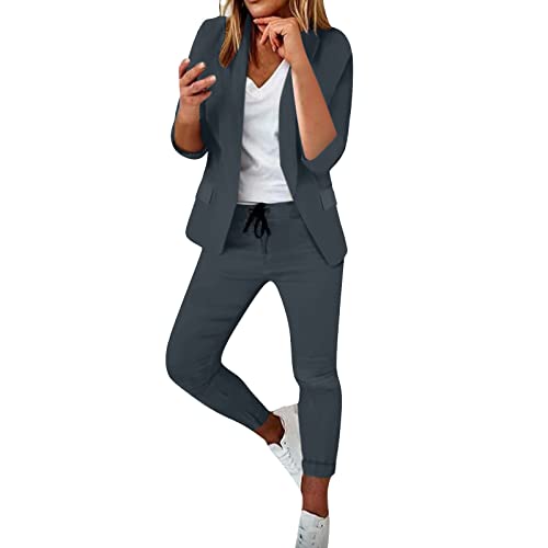 Generisch Anzug Damen Elegant 2 Teiler Damen Sommer Hosenanzug Langarm Business Anzug Set Zweiteiler Einfarbig Blazer Hose Festlich Lange Hosenanzüge Sportlich Slimfit Streetwear Frauen Freizeitanzug