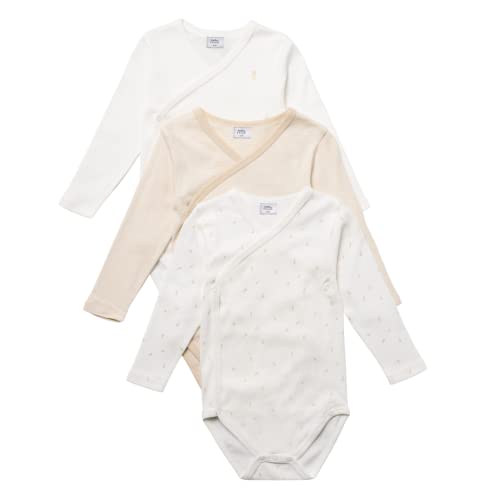 Stellou & friends Baby 100% Bio-Baumwoll Wickelbody 3er Set, kuschelweiche und hochwertige Kinder Kleidung für Jungs und Mädchen mit schönen Prints Langarm Beige-Weiß 62-68