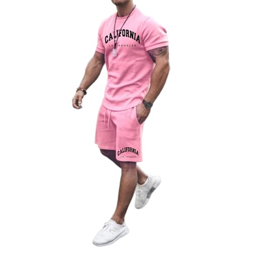 QJDFLL Jogginganzug Herren Trainingsanzug Baggy Sportanzug Bequeme Atmungsaktive Sommer Outfit 2-teiliges Set mit Tshirts und Sporthose Stretch Fitnessanzug Activewear Streetwear(Rosa-a,XXL)