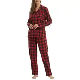 LNFINTDO Schlafanzug Damen Lang Baumwolle Winter Zweiteilige Kariert Pyjamas Flanell Pyjama mit Tasche Langarmshirt und Schlafanzughose Sleepwear