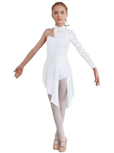 LiiYii Mädchen Patchwork Tanzkleid Lyrischen Kleid Ballsaal Kleider Spitze Tanzanzug Kinder Ballettkleid Tanzkostüm Weiß 134-140