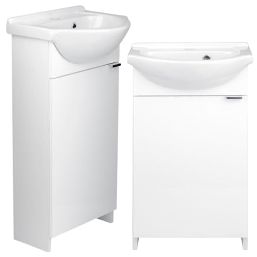 .Deftrans Domodomo Badezimmerschrank mit Waschbecken, 86 x 38 x 19,6 cm weißer Waschbeckenschrank, Keramik Waschbecken Set, Standschrank für kleines Bad