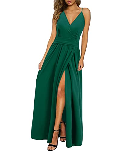 Newshows Sommerkleid Damen Lang Maxikleid Sommer V Ausschnitt Kleid Schlitz Freizeitkleid Elegant für Hochzeitsgast (Grün,Klein)