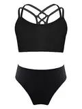 TiaoBug Mädchen Sport Bikini Tankini Set Crop Top Bustier Oberteil und Bikinislip Badehose mit Streifen Sonnenschutz Zweiteilige Badebekleidung Beachwear Schwarz F 146-152