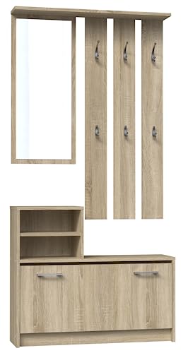 CDF Garderobe | Farbe: Eiche Sonoma | Großer Spiegel | Kleiderbügel | Geräumiger Schuhschrank | Ideal für Diele, Flur | Praktische Ablagen | Modernes Design