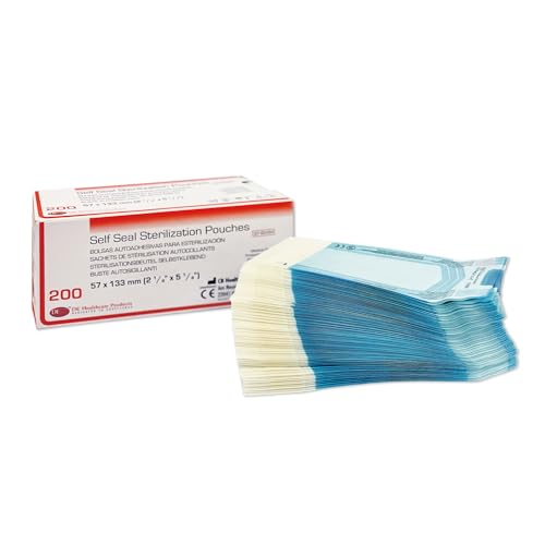 DE Healthcare Products - Sterilisationsbeutel (200 Stück), selbstklebend, Steriltüten ohne Seitenfalten, Maße je 5,7 x 13,3 cm