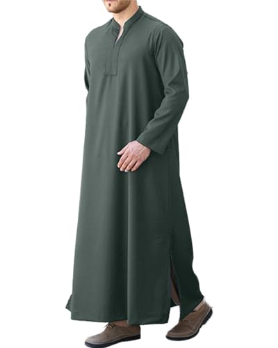 LVCBL Herren Kaftan V-Ausschnitt Langarm Herren Kaftan Leinen Herren Thobe Langarm Grau 2XL