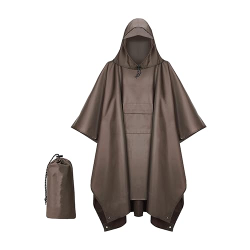 aichilra Wasserdichter Regenponcho 3 in 1 Poncho mit Kordelzug Kapuze Leichter Regenponcho für Erwachsene bis 1,9 m, braun, XL