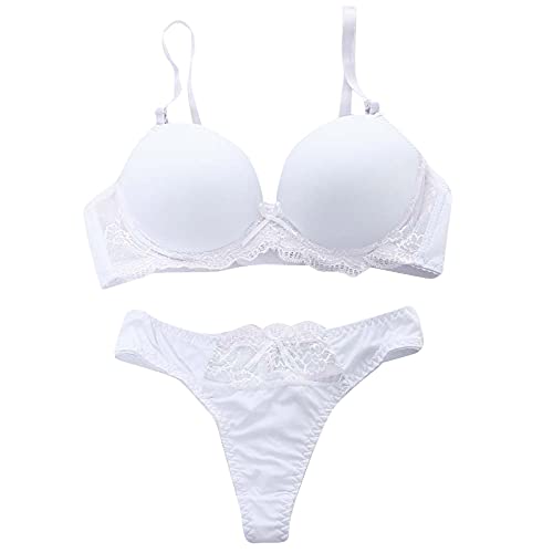 Strapsen Dessous Sexy Set Für Damen 2-Teilige Spitze Push-Upträger Und Höschen Heißen Sexy Reizwäsche Frauen Translucent Tiefer Hohe Taille Tüll Transparent Unterwäsche Weiß 75B