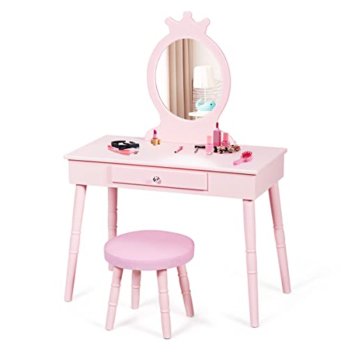 DREAMADE Kinder Schminktisch-Set, Frisiertisch mit Spiegel & Hocker, Kosmetiktisch mit Schublade, Make-up Tisch für Mädchen (Rosa)