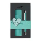 Lamy swift lagoon Special Edition Tintenroller Geschenk Set – Romantisches Geschenkset mit Tintenroller & Echtleder-Etui – Gehäuse aus Metall – Strichbreite B – inkl. Tintenrollermine M 66 B blau