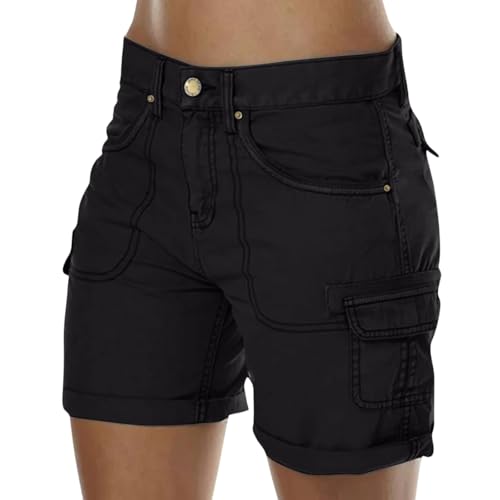 Damen Elegant Short Mit Knöpfen Arbeits Kurze Leicht Hose Sommer Cargo High Waist Shorts Basic Stretch Shorts Schwarz XL