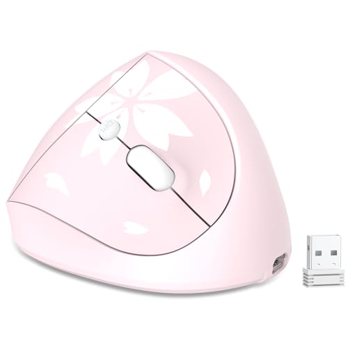 Mytrix Rosa Sakura 2,4 GHz Kabellose Vertikale Maus, Wiederaufladbare Ergonomische Optische Maus, 800/1200/1600 DPI, Rechtshänder-Maus für Laptop, Desktop, PC, MacBook