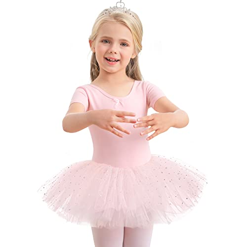 Aiseyi Ballettkleidung Ballettkleid Mädchen Pailletten Ballett Tütü Kinder Baumwolle Tanzkleid Kurzarm Balletttrikot Ballettanzug Ballett kleider Ballerina Tutu 5-7 Jahre