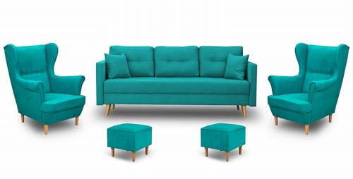 Bonni24 Sofagarnitur, Couch mit Kissen, Ohrensessel, Sofa Wohnzimmersofa mit Armlehnen, Couchgarnitur Skandinavisches Sofa mit Schlaffunktion (Türkis, 1x 3-Sitzer-Sofa, 2X Sessel, 2X Fußhocker)