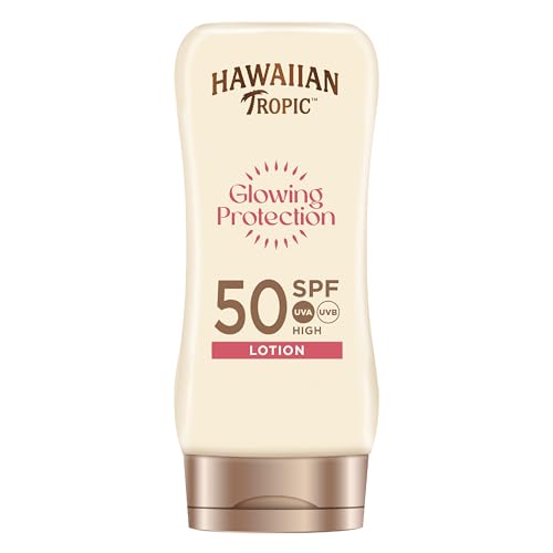 Hawaiian Tropic Glowing Protection Sunscreen Lotion, wasserfeste Sonnencreme mit LSF 50 UVA- + UVB-Schutz, tropischer Duft, mit Sheabutter, 180 ml