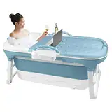 UISEBRT Faltbare Badewanne Erwachsene L, Foldable Bathtub 118 x 62 x 53 cm, Tragbare Klappbadewanne mit abnehmbare Abdeckung, Seifenkorb, Massagerollen, Idea für kleines Badezimmer, Blau