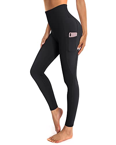 OUGES Damen Sport Leggings High Waist Leggins Yogahose Blickdichte Sporthose mit Taschen (Schwarz,M)