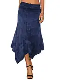 DJT Damen Elastisch Plissierte Taille Elegant Rock A-Linie Faltenrock Midi Rock mit Taschentuch Saum Denim-Druck L