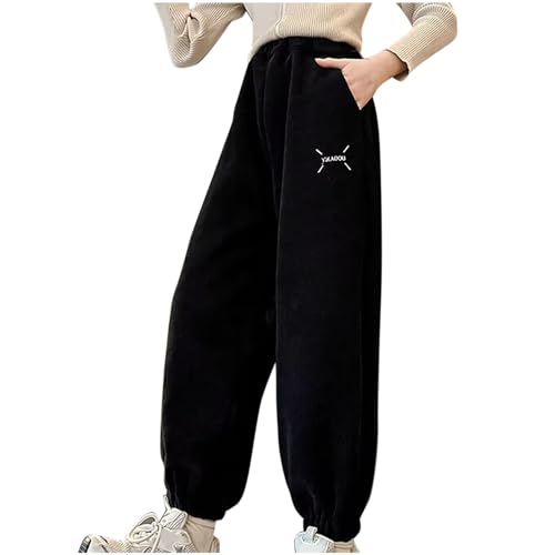 Mädchen Baggy Hose Cordhose Jogginghose Einfarbig Elastische Taille Freizeithose Sporthose Girl Pants Warm Winterhose Kinder Outdoor Hosen für 8-14 Jahre Alt Angebote des Tages Heute Schwarz 160