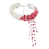 Blutige Perlenkette, Halloween Kostüm Damen Accessoires mit Verstellbarer Halloween Blut Halskette Perlen, Perlenkette Blut mit Quasten, Blutketten für Halloween Karneval Fasching Kostüm Party