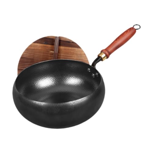 MagiDeal Non -Stick -Wok, 24 cm Woks und Pfannen, Manuelles Schmieden Pfanne, Flacher Boden, Wok zum Kochen, Vorgewürzter Chinesischer, Wokpfanne für Induktions-, Elektro- und Gasherde, mit Deckel