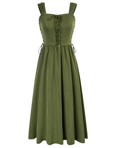 Damen Viktorianische Trachtenkleid Lace-Up mit Reißverschluss Flowy Swing Fairy Dress XL Armeegrün Neue Größe