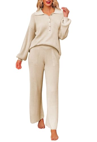 Sovoyontee Frauen 2-teilige Outfit Pullover Set Langarm Knopf Strick Pullover Top Weite Bein Hosen Pocket Sweatsuit Beige XL