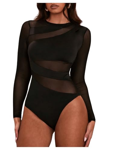 GORGLITTER Body Bodysuit Damen Bodys Durchsichtig mit Netzstoff Oberteile Elegant Netzshirt Langarm Schwarz L