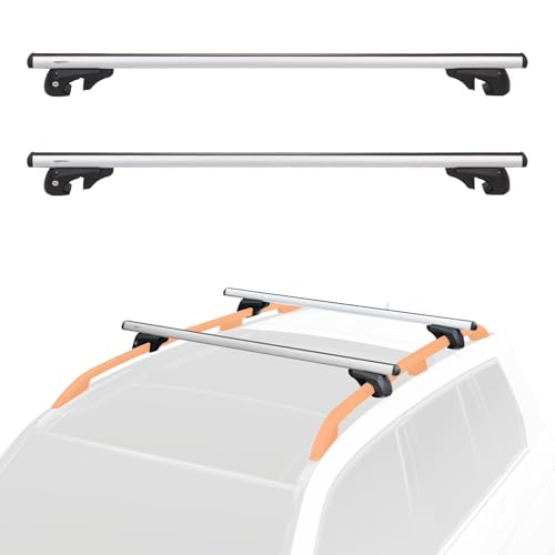 Amazon Basics Dachträger mit Querträger, 132 cm, für Spannweiten von bis zu 117 cm zwischen erhöhten Seitenschienen mit Spalt, 2er-Pack, Schwarz/Silber