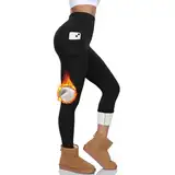 BLONGW Thermo Leggings Damen Gefütterte High Waist Thermohose Mit Taschen Winter Warme Sportleggins Yogahose Laufhose Sporthose