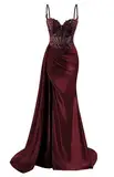 HPPEE Damen Spaghettiträger Satin Ballkleider mit Schlitz Spitze Applique Meerjungfrau formelle Partykleid, burgunderfarben, 34