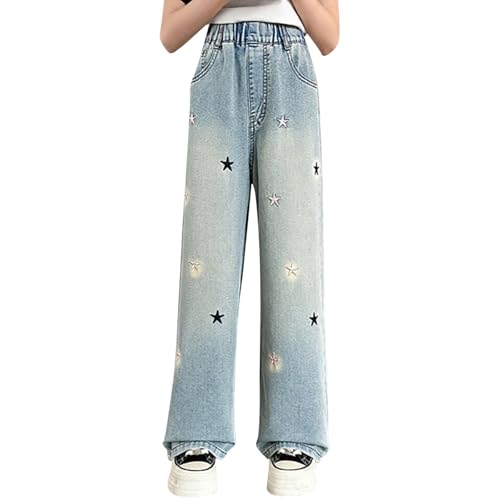 Generisch Jeans Mädchen Baggy Jeans Vintage Denim Hosen Kinder Lässige Loose Fit Jeanshose mit Elastischem Bund Streetwear