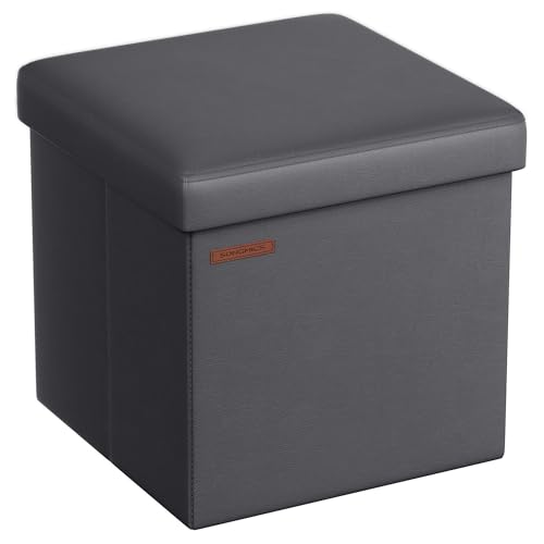 SONGMICS Sitzhocker 38 cm, Aufbewahrungsbox faltbar, Fußhocker mit Deckel, aus Kunstleder, bis 300 kg belastbar, für Eingang, Wohnzimmer, Schlafzimmer, schiefergrau LSF010G01