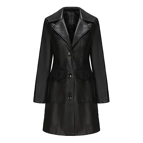 TOKYMOON Lederjacke Damen Lang Elegant Trenchcoat Damen Ledermantel Reverskragen Knöpfen Einfarbige Kunstleder Übergangsjacke Langarm PU Leder Jacke Windjacke Lederjacke Schwarz XL