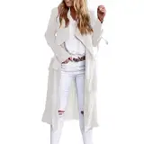 Generisch 2025 - Langer Trenchcoat für Damen mit offener Vorderseite, langärmelig, schmal, lässig, mit Taschen, winddichter Mantel mit Gürtel Strickjacke (White, XXXL)
